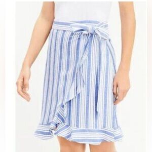 LOFT Women's Blue White Striped Linen Ruffle Wrap Tie Knot Mini Preppy Skirt